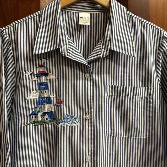 Vintage Blair Women’s Blue Striped Lighthouse Nautical Coastal Beach Top Sz L - Picture 4 of 10